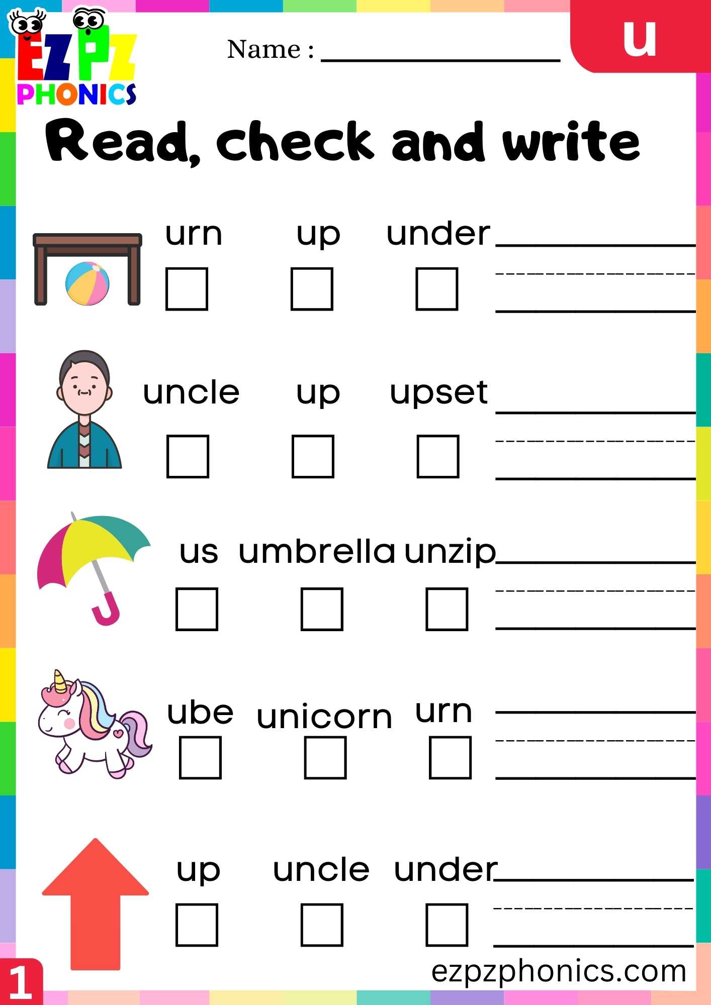Letter U Read, Check And Write Beginning Sounds Worksheet